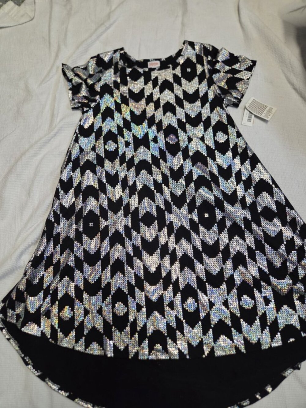 NWT LuLaRoe Carly High Low Dress Gray with Sparkly Triangle Pattern Size L